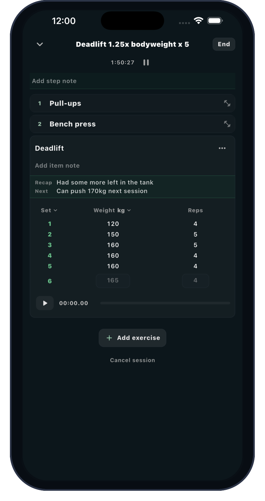 Sherpal training session showing deadlift logs and next-session notes