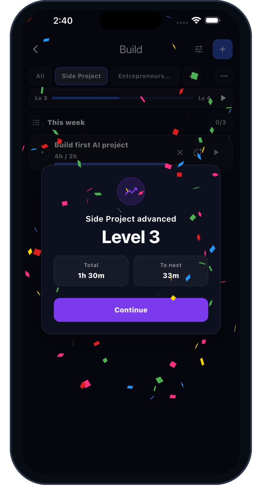 Sherpal level-up celebration showing progress in a skill area
