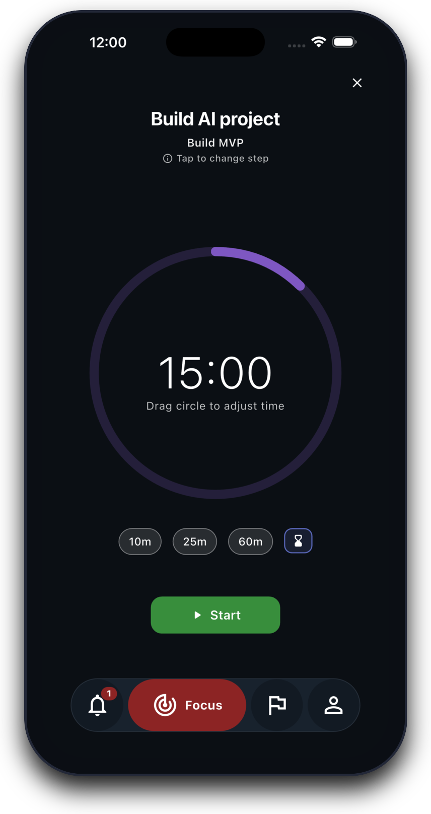 Sherpal focus screen with session timer, target presets, and task steps