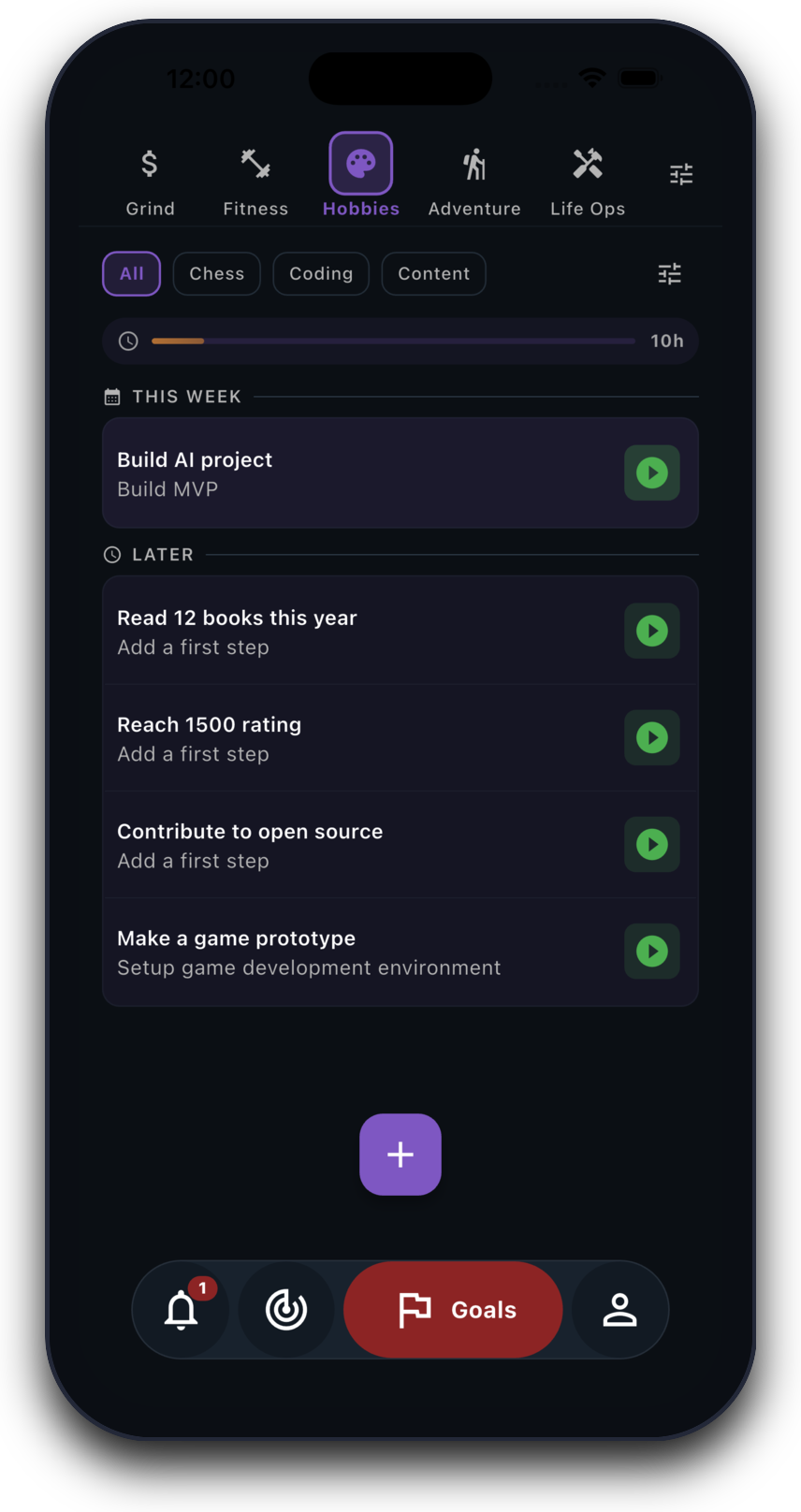 Sherpal goals screen showing current goals, next goals, and progress states